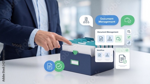 Businessman selecting a file from a document management system in an office environment
