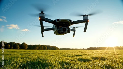 Drone flying over green field at sunset
