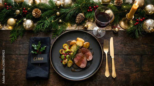 Gourmet christmas dinner plate with roasted meat and vegetables, christmas