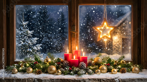 Advent candles on snowy window sill with glowing christmas star, christmas