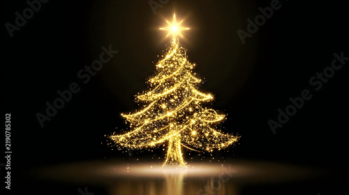 Glowing golden christmas tree silhouette with star topper on black background
