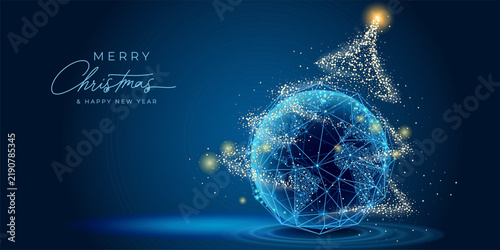 Futuristic Merry Christmas greeting card with network connection planet Earth and abstract golden light holiday tree. Vector illustration