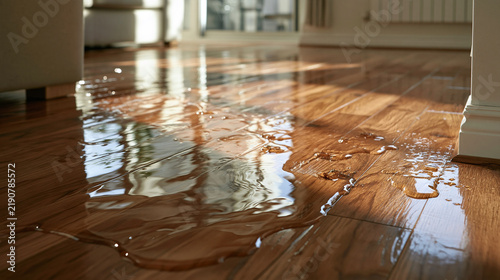 water on the floor in the room, flooded apartment, flood