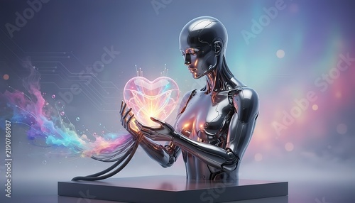 Futuristic Female Robot Holding Glowing Heart Hologram with Colorful Digital Smoke