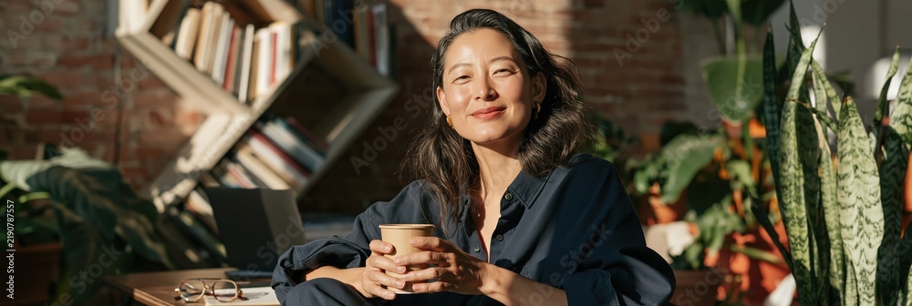 Obraz premium Smiling woman holding coffee in a sunlit loft workspace with books and plants for lifestyle banner, remote work background and cozy interior design