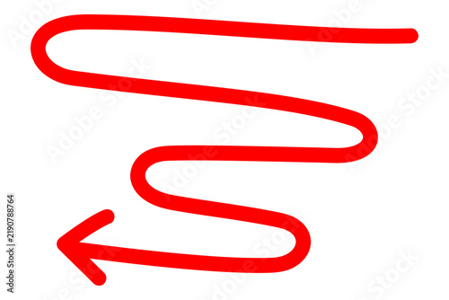 Red hand-drawn horizontal squiggle arrow pointing left, isolated on transparent background, bold freehand doodle for navigation, UI, diagrams, social media, branding, UI, infographics. High-res PNG