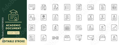 Academic document and paperwork line icon set. Featuring graduation diplomas, university transcripts, exam results, and student records. Editable vector.