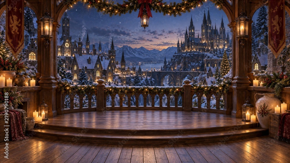 Fototapeta premium Festive wooden balcony overlooking a snowy castle at night