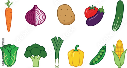 Vector collection of fresh raw vegetable icons featuring carrot onion potato tomato eggplant cucumber broccoli leek yellow pepper and corn isolated on white background