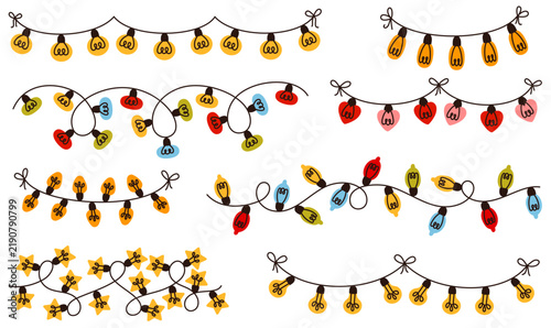 A set of Christmas garlands with bulbs in various shapes. Perfect for stickers, seasonal branding, and cards.