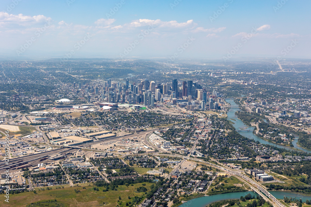 Fototapeta premium Calgary skyline with Bow River and transport corridors