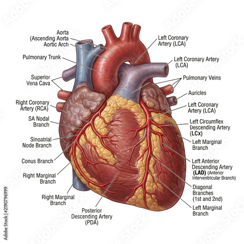 Anatomical diagram of a human heart with labeled parts in detailed view