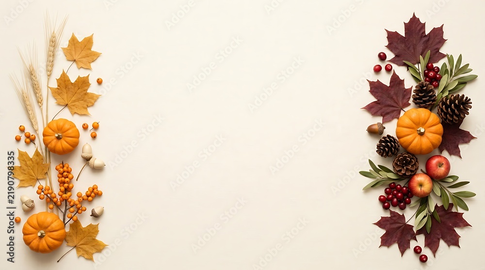 Fototapeta premium Flat lay autumn pumpkins and leaves arrangement on neutral background for seasonal decor inspiration