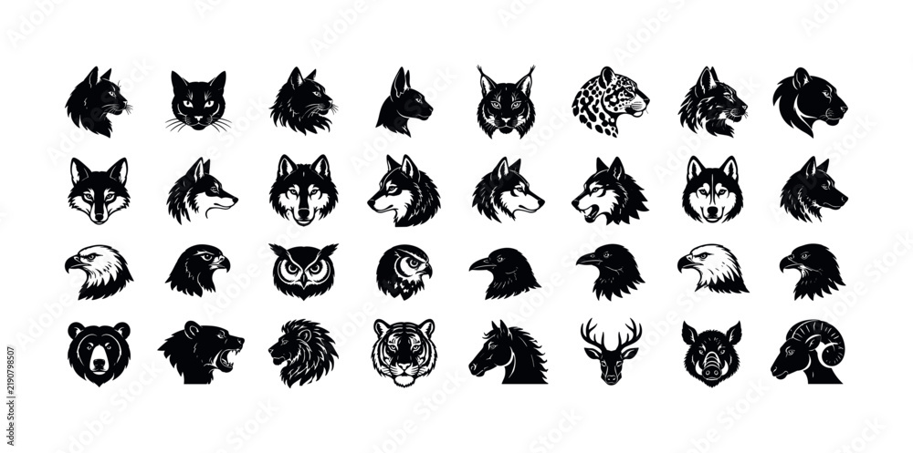 Obraz premium Collection of diverse animal head silhouettes in black and white