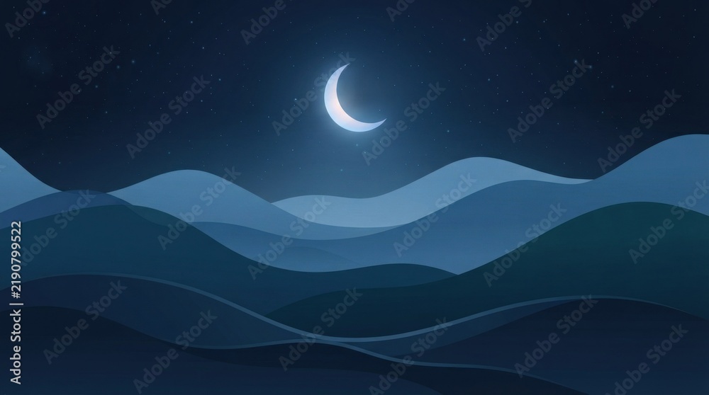 Obraz premium Dark blue abstract dunes featuring bright moon and stars.