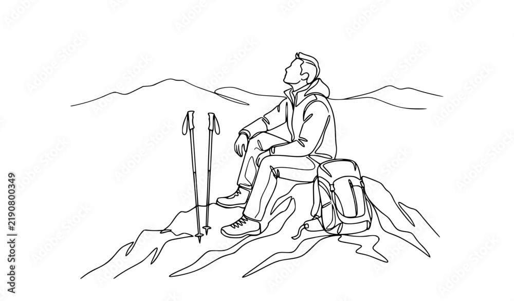 Fototapeta premium Hiker with Backpack Sitting on Mountain Summit Continuous Line Vector