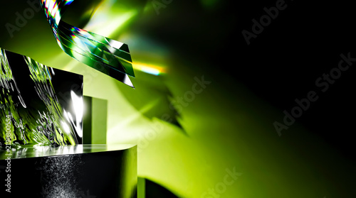 Abstract Futuristic Green and Black Product Display with Reflective Glass Forms, Dramatic Lighting and Large Copy Space
