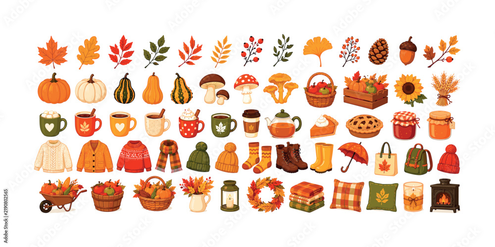 Fototapeta premium Collection of charming autumn illustrations for seasonal design projects