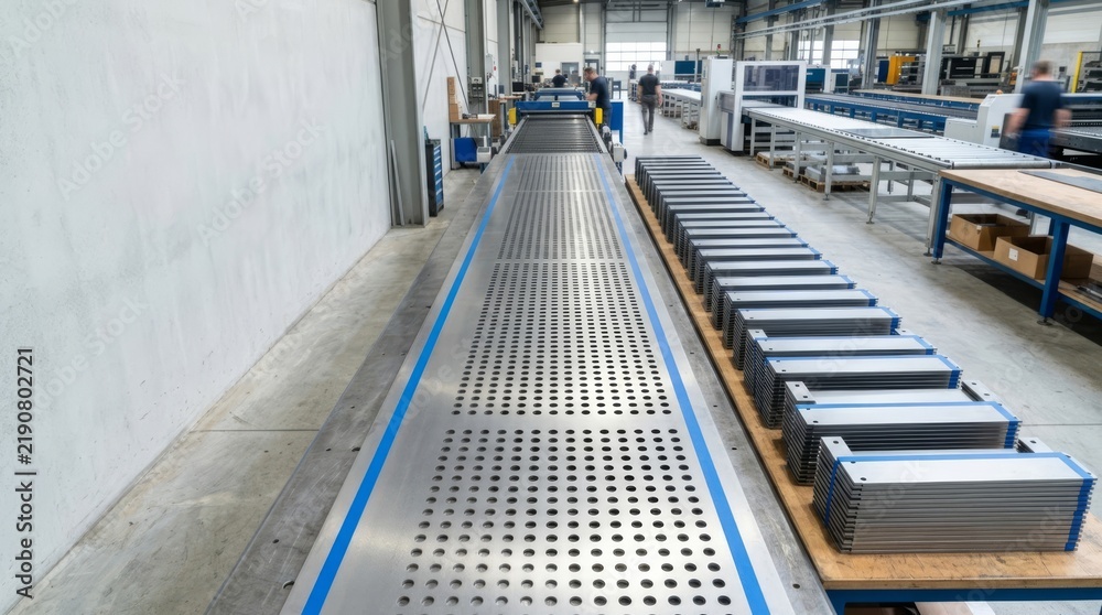 Obraz premium Modern sheet metal manufacturing line with precisely stacked components and perforated metal surface, industrial workshop setting