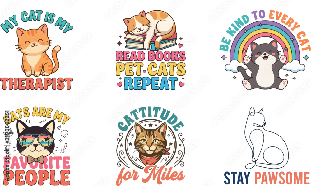 Fototapeta premium Funny Cat T-Shirt Logo Vector with Bold Lettering, Mischievous Feline Character and Casual Pet Lover Apparel Design 