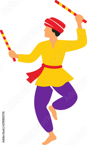 Traditional Indian Dandiya Garba Male Dancers, Colorful Flat Vector 