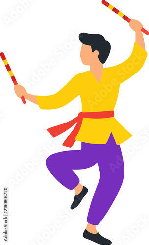 Traditional Indian Dandiya Garba Male Dancers, Colorful Flat Vector 
