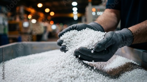 Close-up of a worker's gloved hands with white PP and PET plastic chips in a factory.