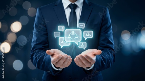 Professional businessman holding glowing digital speech bubble icons representing shared goals.