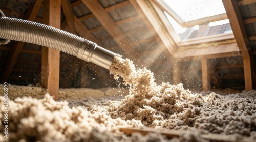 A close medium view shows cellulose insulation being installed in an attic to increase thermal efficiency.