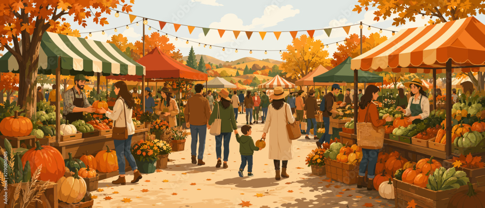 Obraz premium Vibrant autumn farmers market scene with diverse produce and shoppers