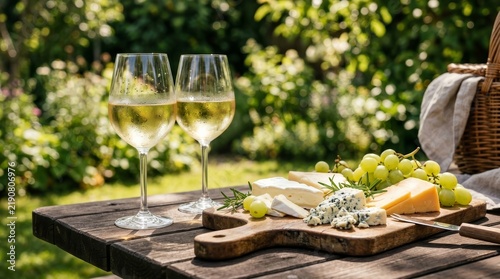 White wine served in glasses with a cheese board, green grapes, and herbs on an outdoor wooden table.