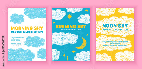 Crayon cloud poster design set. Hand drawn cute fluffy sky shapes with chalk pastel texture and text in childish naive style. Adorable cover page templates for kids room, baby and school background