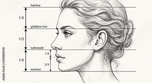 Pencil profile sketch of a woman showing facial proportions with labeled measurement lines. Educational art study showing face canons, fractions, and anatomy guide lines. Generative AI.