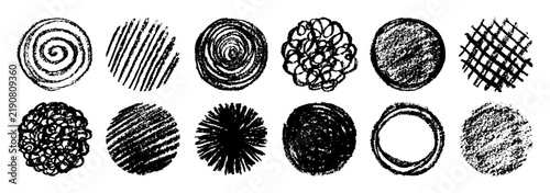 Rough chalk round shape collection. Chaotic hand drawn crayon brush swirl doodle circles with grainy pastel texture. Childish naive scribble elements for collage badge and sticker print vector design