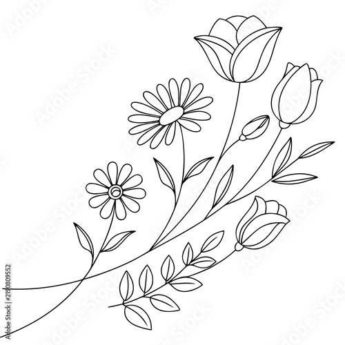 Elegant floral arrangement of tulips and daisies in a black and white line art style