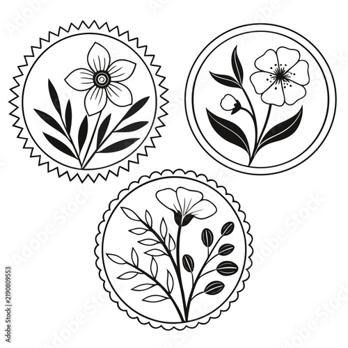 Set of three round decorative flower emblems with black and white botanical sketches