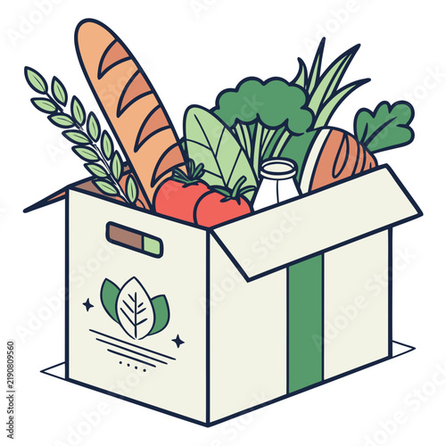 Cardboard box filled with fresh groceries and vegetables grocery box food delivery broccoli
