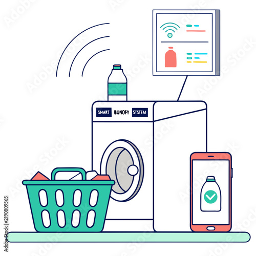 Smart home laundry system connected to smartphone application with washing machine