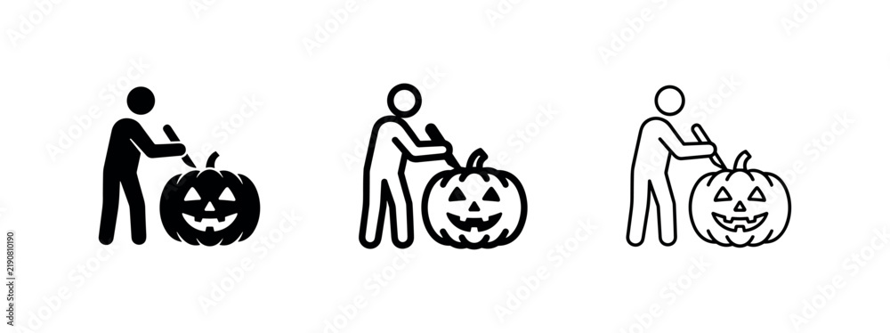 Fototapeta premium Person Carving a Halloween Pumpkin Icon Set