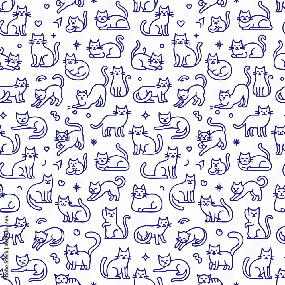 Fototapeta premium Whimsical hand-drawn blue cat doodle icons set in playful minimalist style, perfect for planners, stickers, and pet-themed stationary designs