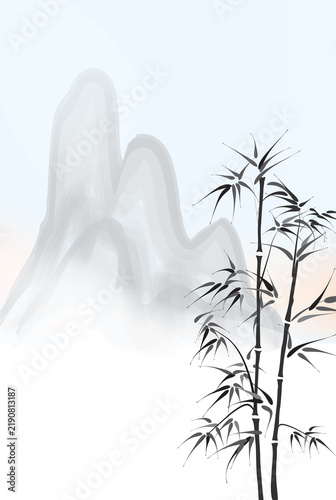 Asian Chinese landscape background withmountain and bamboo leaves. Japanese  Nature oriental garden in vintage art style. Traditional asian painting pattern.