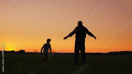 Silhouette of child and elder bonding at sunset on open field, capturing generational connection, peaceful countryside horizon and warm evening sky