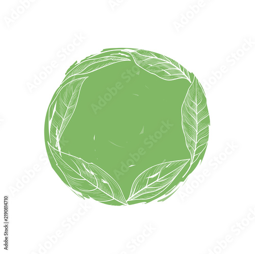 Flourish leaves natural background. Round shape frame for product label with leaf. Good decoration for local farm market design element