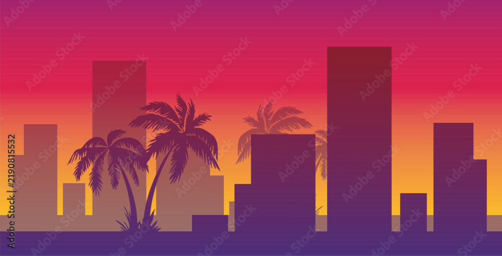 Obraz premium Retro 80s synthwave sunset city skyline with tropical palm tree silhouettes. Miami vaporwave outrun style neon pink and purple gradient background. Flat vector illustration for travel poster design.