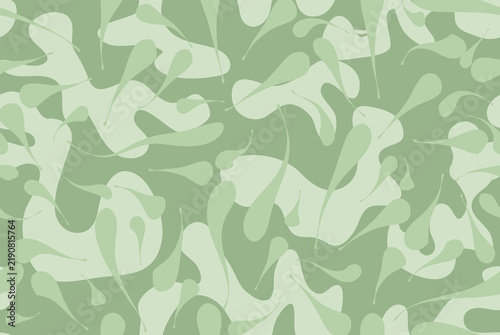 Abstract flourish organic shape seamless pattern. Branch with leaves ornamental texture. Natural green textured floral background