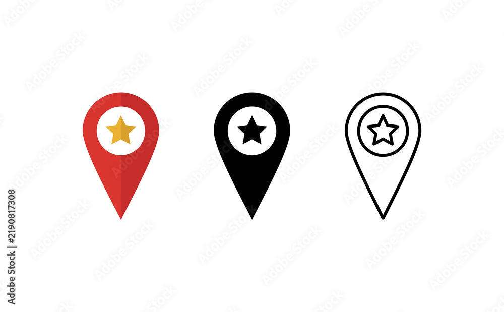 Fototapeta premium Minimalist map pin icons featuring star symbols in red, black, and outline styles
