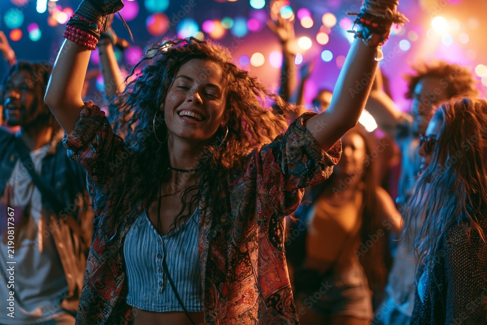 Obraz premium Friends Have Fun Dancing at an Outdoor Music Festival With Colorful Lights During a Lively Evening Event