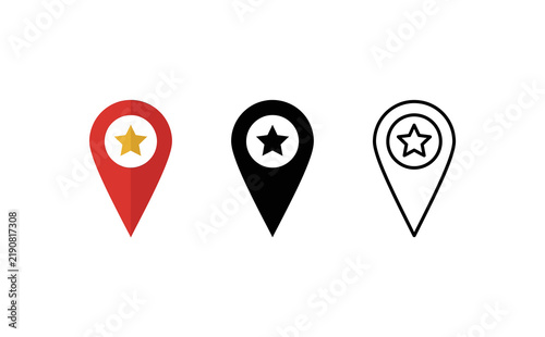 Minimalist map pin icons featuring star symbols in red, black, and outline styles