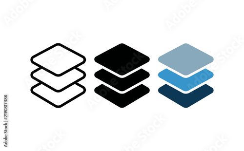 Minimalist isometric layers icons set featuring outline solid and blue color variations on white