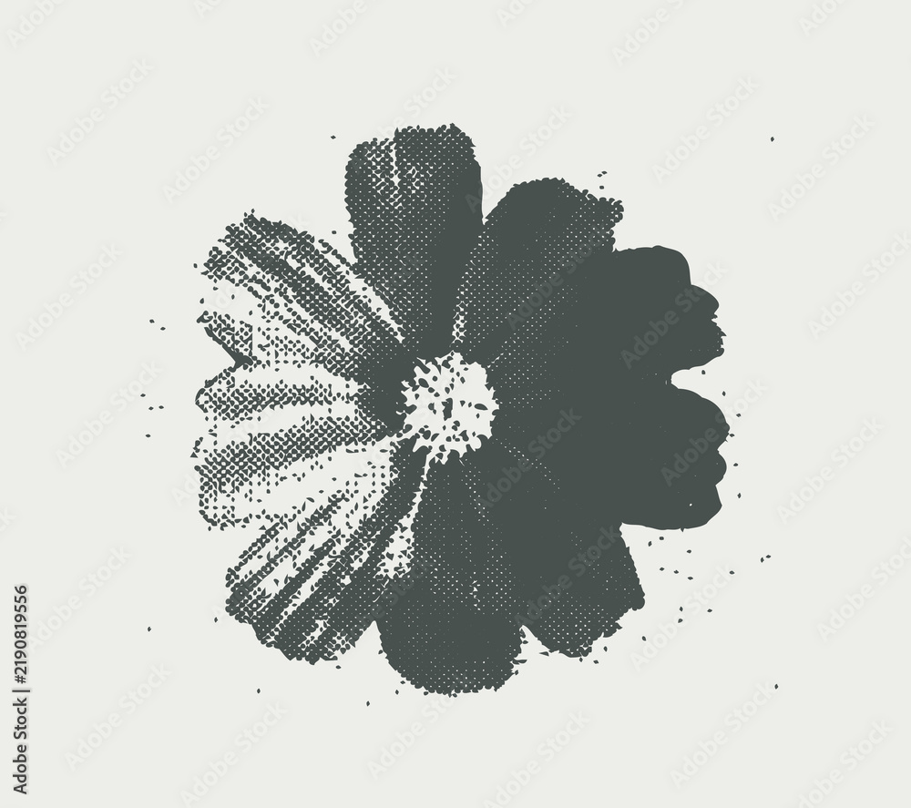Obraz premium Black hibiscus flower in distressed halftone engraving style on light background, tropical botanical floral design with grunge texture, vector illustration